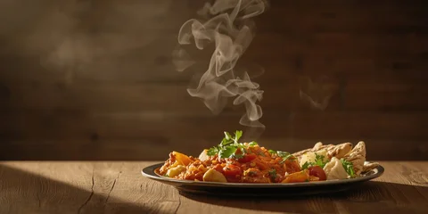 Steaming plate of vegetable curry with naan on wooden table © The 2R Artificiality