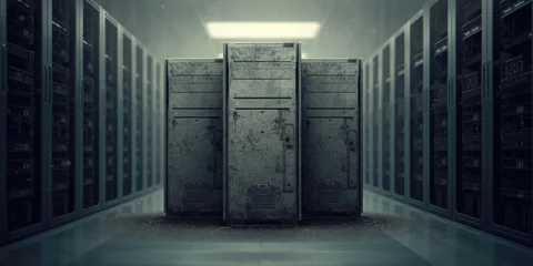 Old computer servers in a dimly lit data center © The 2R Artificiality
