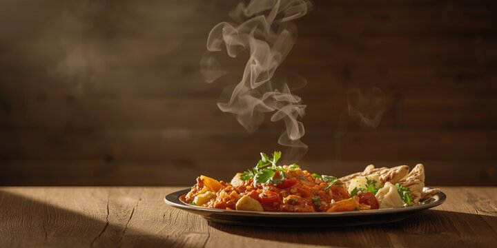 Steaming plate of vegetable curry with naan on wooden table