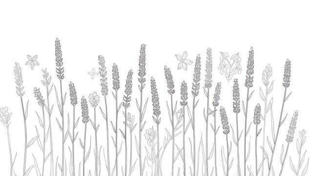 Minimal line art illustration of lavender stems with intricate leaf and flower designs on white background