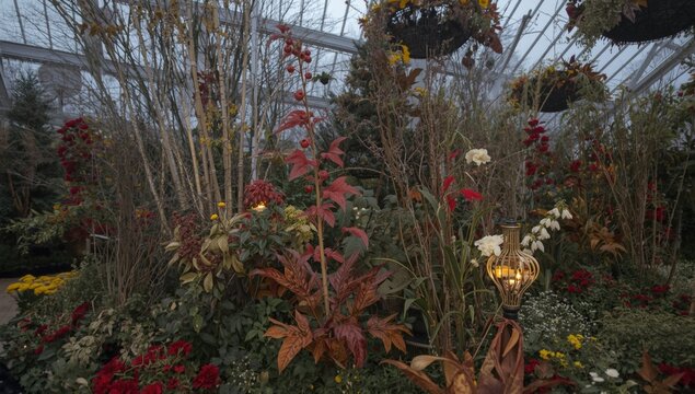 Colorful flower display in a greenhouse setting