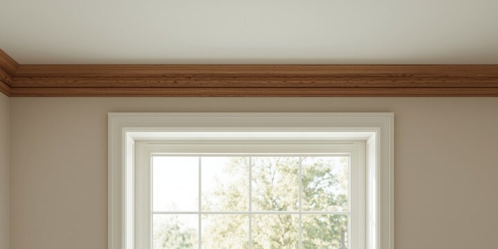 Interior corner view of a window with wood trim and molding