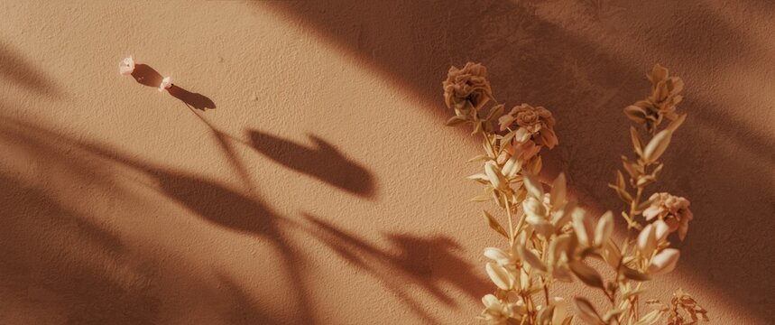Dried flowers casting shadows on an earthy wall