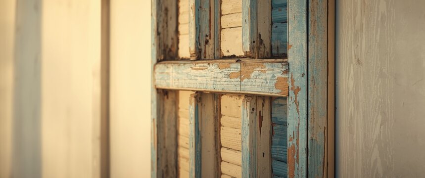 Vintage wooden window featuring aged peeling paint and rustic shutters against a soft neutral background