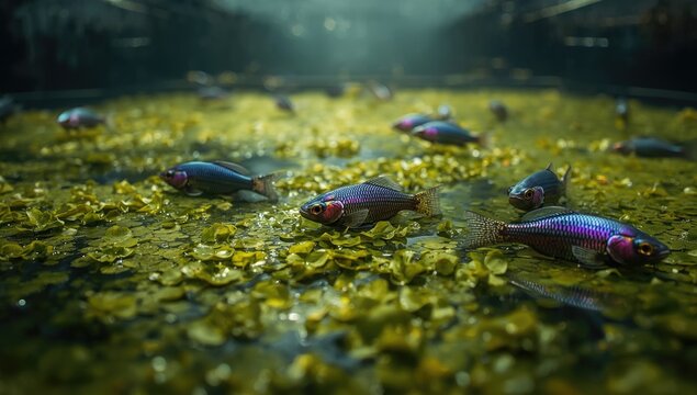 Wastewater treatment scene showing colorful fish swimming in algae with copy space