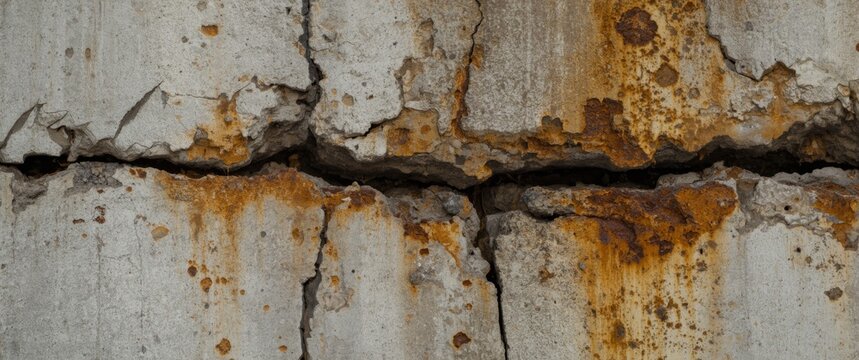 Cracked and rusted concrete wall surface close-up