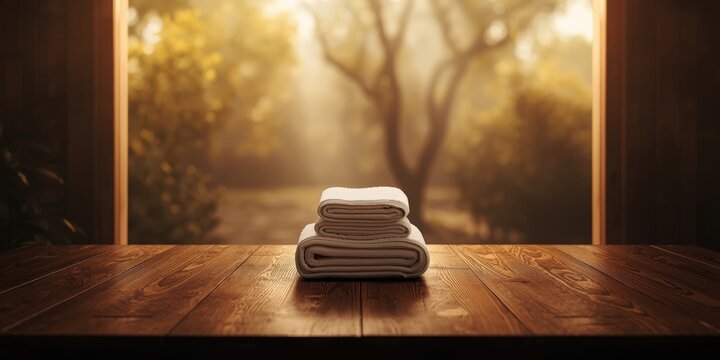 Stack of clean towels on a wooden table with natural light