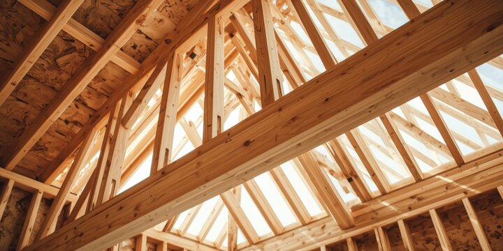 Wooden trusses and beams in a house under construction
