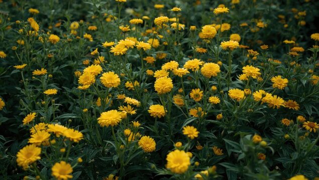 Yellow blooms in full display across a summer garden bed filled with healthy plants