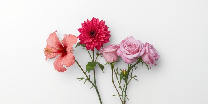 Isolated floral trio of hibiscus dahlias and roses on a stark white backdrop