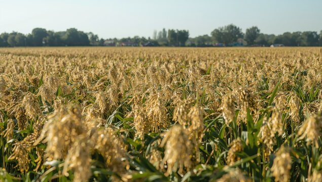Field of golden rice plants under a clear blue sky