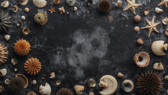 Summer ocean treasures such as sea urchins and shells shown on a blackboard