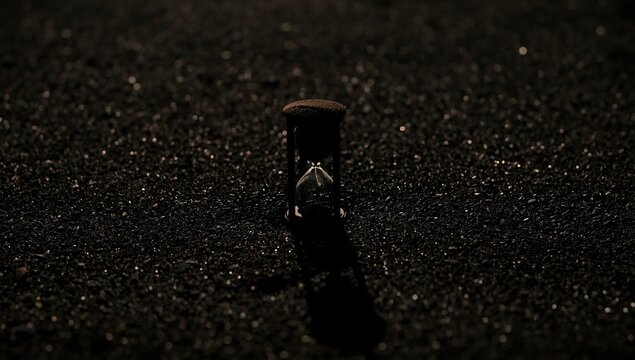 Silhouette hourglass shape resting on coarse black sand with shadow effects