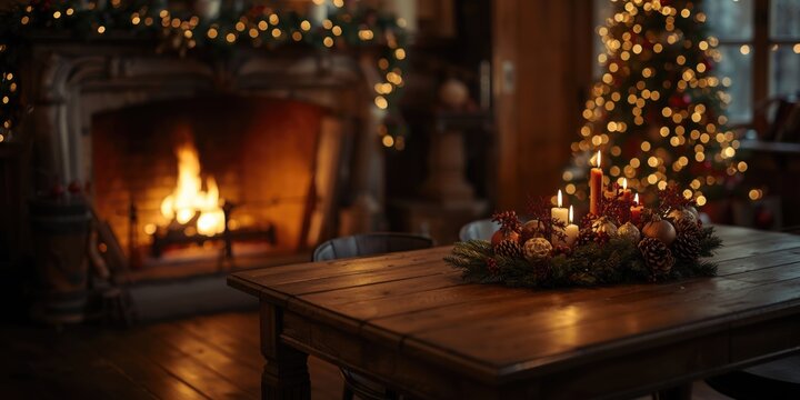 Cozy living room with candles and Christmas decorations