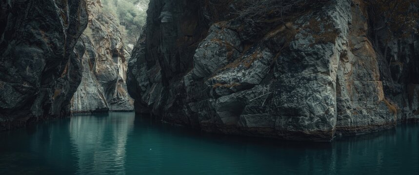 Rocky cliffs surrounding a serene blue lake