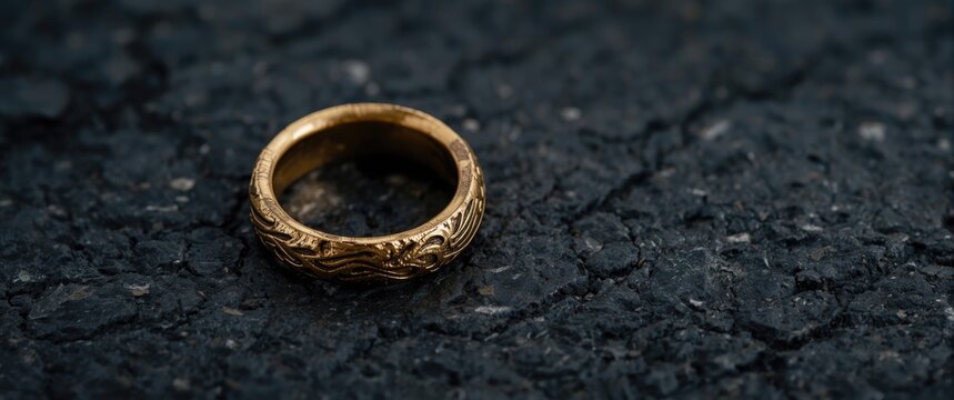 Gold decorative ring on a dark asphalt surface