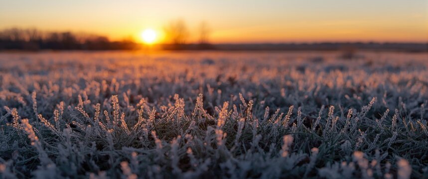 Frost-covered grass with sunrise in the background