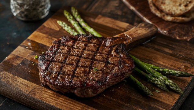 Grilled steak with asparagus on a wooden cutting board