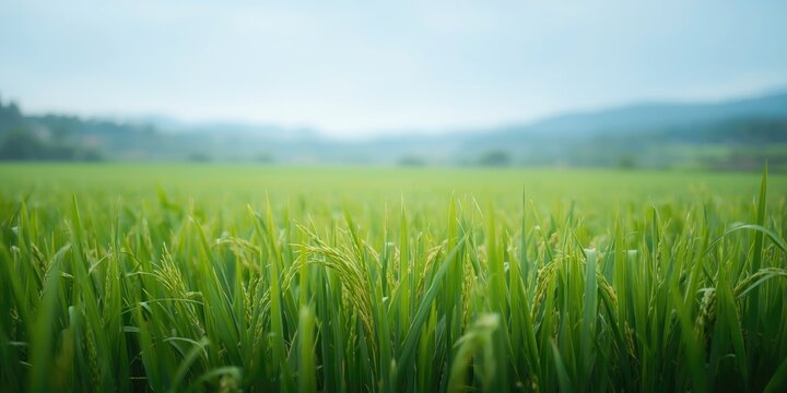 Green rice field with mountains in the background