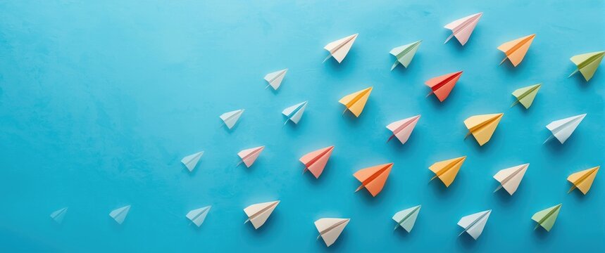 Colorful paper airplanes flying over a blue background