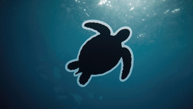 Turtle silhouette swimming underwater in clear ocean