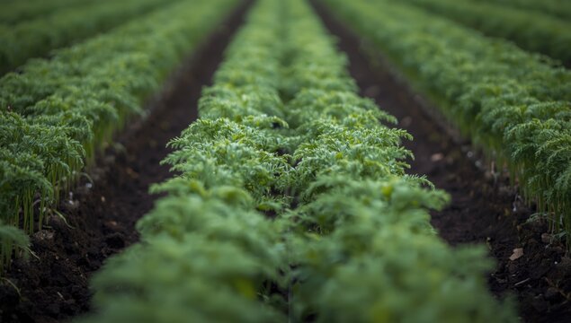 Green carrot rows growing in a neat farm field