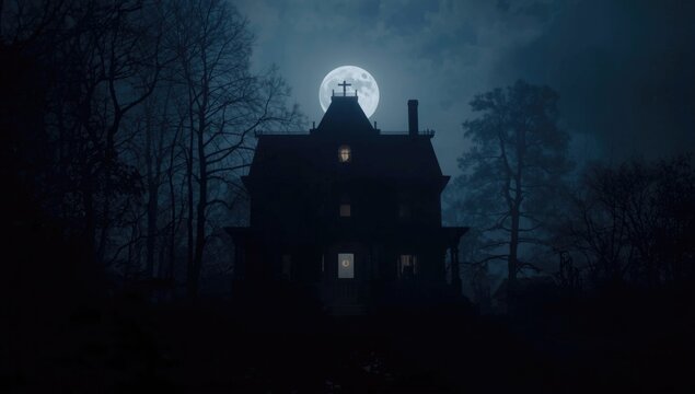 Haunted house silhouette with full moon in dark sky