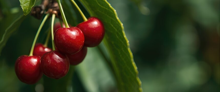 Red cherries hanging from a green cherry tree branch