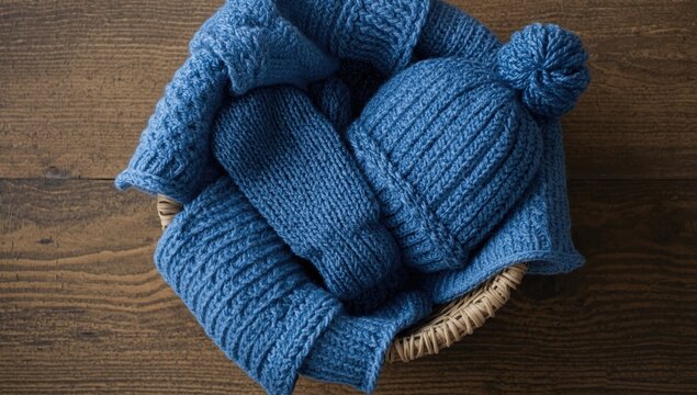Blue knitted hat and gloves in a wicker basket