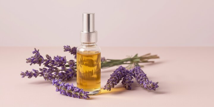 Natural cosmetic and personal care product scene with lavender oil in clear glass bottle paired with blooming lavender on calm pastel backdrop and copy space