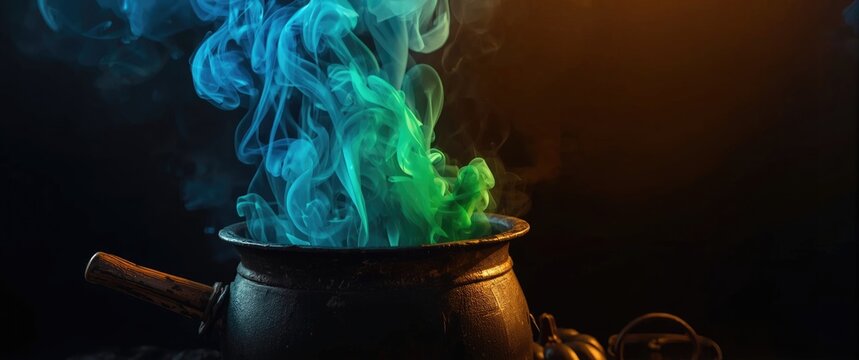 Rustic cauldron producing lively twisting blue and green smoke for Halloween festivity