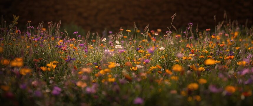 Lush wildflower meadow with vivid hues set against a deep textured background producing an enchanting garden view
