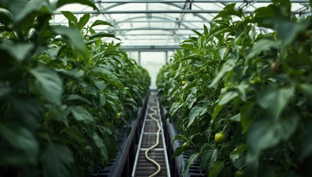 Pepper plants growing in a greenhouse with irrigation system