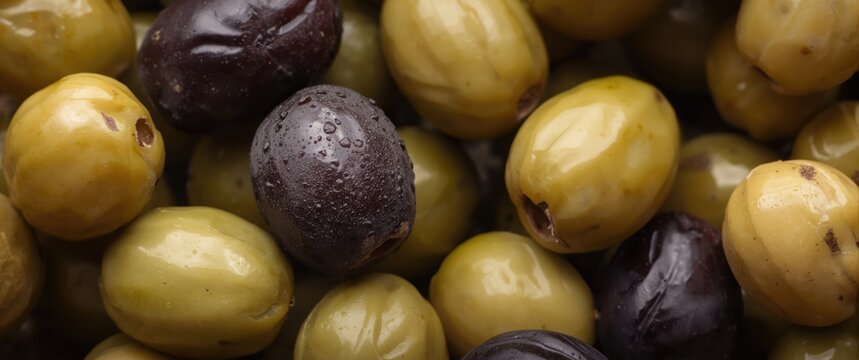 Green and black olives piled together in a bowl