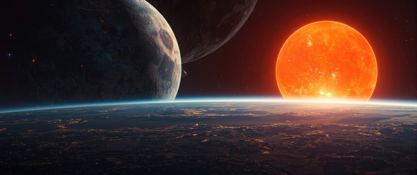 Planetary landscape with a glowing sun and distant celestial bodies