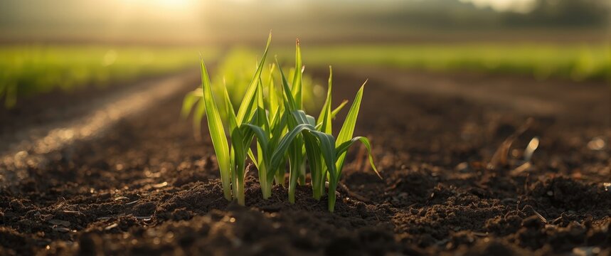 Green grass shoots emerging from rich soil at sunrise