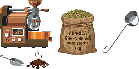 Professional Coffee Roasting Equipment Vector Set Featuring a Vintage Roaster Machine Burlap Sack of Arabica Green Beans and Metal Scoops for Roastery Branding Designs © EdGe Creative