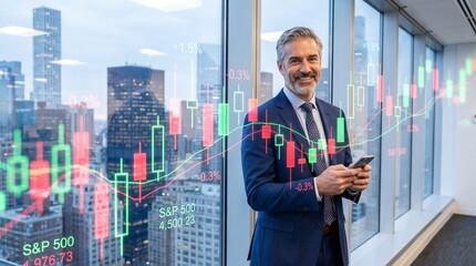 Fototapeta premium A gray‑haired businessman in a blue suit stands in a modern high‑rise office, smiling while checking his smartphone. Behind him, large glass windows reveal a city skyline at sunset, overlai.