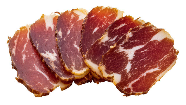 Isolated thin slices of exquisite Italian coppa, a savory delicacy for gourmet food presentation.
