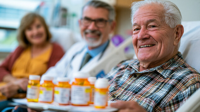 Geriatric ward pharmacist reviews twelve-bottle medication regimen with elderly male patient sitting up in hospital bed, printed polypharmacy checklist clipped to chart, family member seated beside 