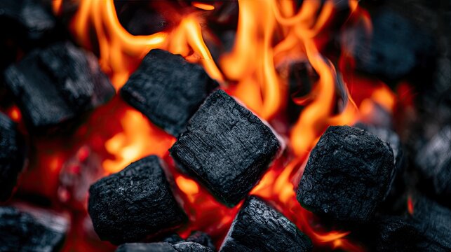Close-up view of glowing hot charcoal briquettes in a roaring fire