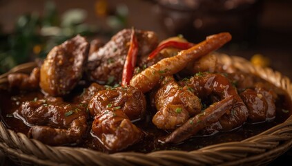 Fototapeta premium Richly spiced pinapaitan featuring a variety of beef offal cuts