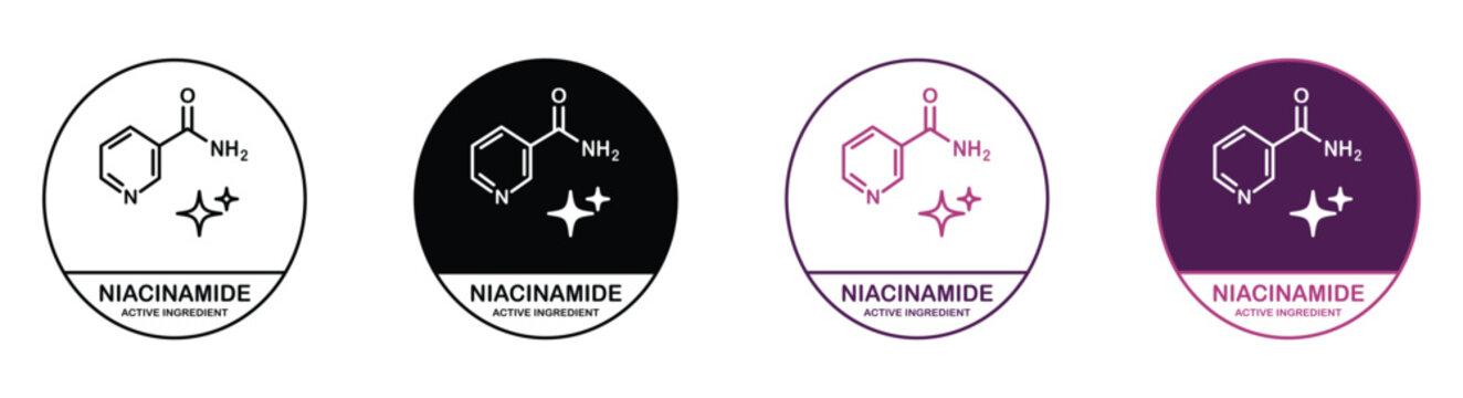  Niacinamide Molecule Structure Icon Set, Skincare For Tone And Texture. Vector Illustration.