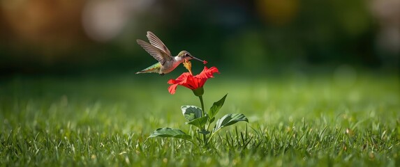 Fototapeta premium Hummingbird feeding on red flower in a garden