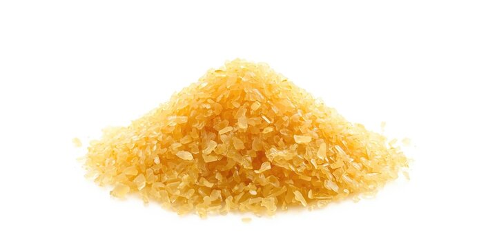 Raw granulated jaggery of sugarcane isolated against white background with text space
