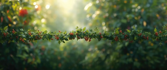 Fototapeta premium Rich green vine with ripe red berries framed by a vibrant colorful backdrop