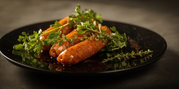 South European style cevapcici sausages served alongside aromatic watercress and thyme on black plate