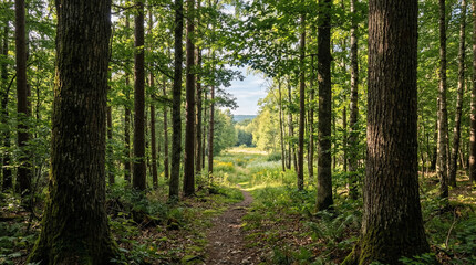 Fototapeta premium Forest Path Ahead: A serene forest path winds its way through a sun-dappled woodland, opening up to a sunlit clearing filled with wildflowers and distant trees. A sense of peaceful adventure awaits.