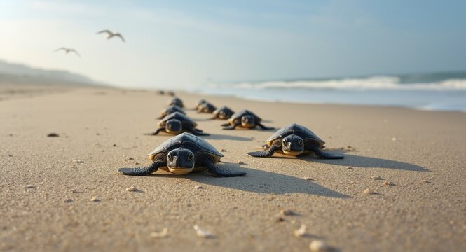 Joyful leatherback turtle hatchlings crawling across sandy beach with copyspace for text