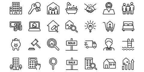 Fototapeta premium Real Estate Property House Line Icons Set Editable Vector Illustration Isolated on Transparent Background